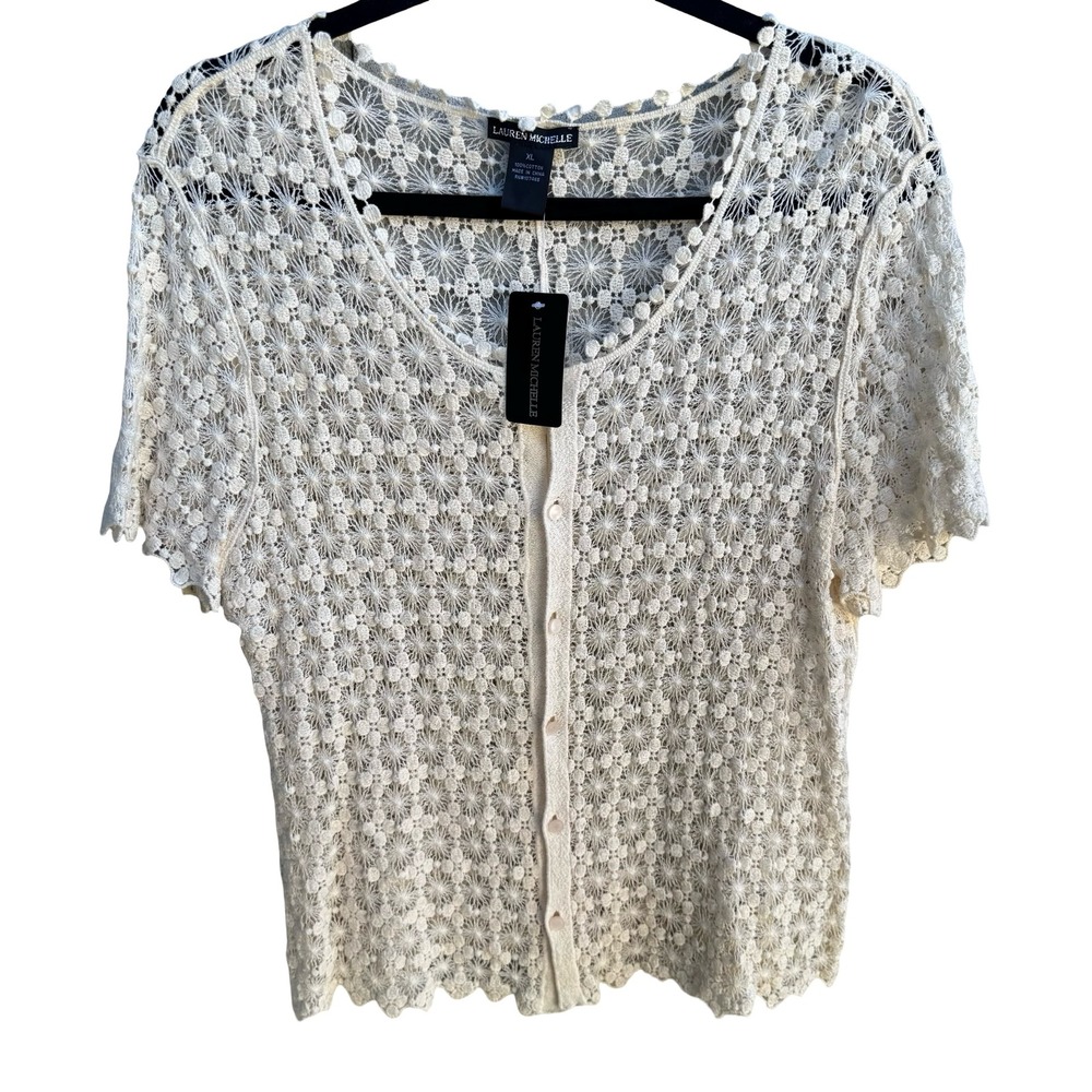 Lauren Michelle Boho Cottagecore Coastal Crochet Floral Airy Cardigan XL NWT
